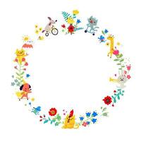 illustrationer i form av en rund krans. vektor. djur barn leker bland blommor. barns tecknade film, doodle stil. dagis. cirkulation och runddans. sommar, vår och positiv stämning. vektor