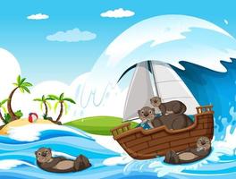 Ozeanszene mit Ottern auf einem Segelboot vektor