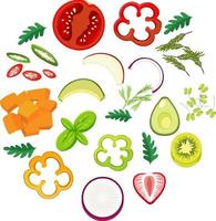 olika grönsaker och frukter på vit bakgrund vektor