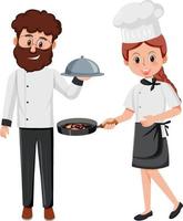 Koch- und Kellner-Cartoon-Figur auf weißem Hintergrund vektor