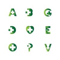 Gesundheitsbrief-Logo-Bundle-Design, mit Buchstaben und plus Kombinationsdesign in einem einzigartigen und eleganten Symbol. Grüne Abstufung. Weiß isoliert. Moderne Vorlage. vektor