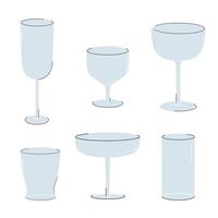 Set von Cartoon-Weingläsern und Gläsern Vektor-flache Illustration. Sammlung verschiedener Arten von Glasgefäßen isoliert auf weißem Hintergrund. vektor