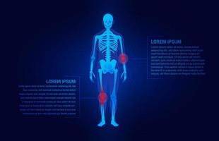 Schmerzen des Ellenbogen- und Kniegelenkkonzepts als Skelett. blauer Hintergrund und rote Verletzung Mann Körper Bein Medizin Vorlage. schmerzende gelenke.rheuma oder rheumatische krankheit medizinisch. vektor