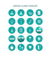 Zahnklinik-Icon-Set. Vektorsymbole von zahnärztlichen Dienstleistungen. Werkzeuge zur Untersuchung, Behandlung und Entfernung von Zähnen. Kieferorthopädie, Mundpflege und Hygiene. Zahnersatz, das Personal der Klinik. vektor