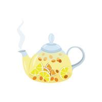 tekanna med fruktte. varmt te med skivor av färsk citron, apelsin, havtornsbär. en värmande drink. tetid, frukost. vektor illustration i platt stil isolerad på en vit bakgrund.