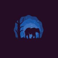 Elefanten-Silhouette-Illustration, die neben Baum mit blauem Mondhintergrund steht vektor