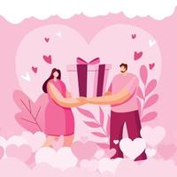 Valentinstaghintergrund mit flachem Design der Paare. Paar, das die Geschenkboxillustration hält.