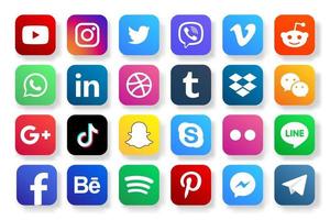 ställ in populära ikoner för sociala medier. facebook, instagram, twitter, youtube, pinterest, behance, google plus, linkedin, whatsapp, snapchat, tiktok, tumblr, spotify, dropbox och många fler vektor