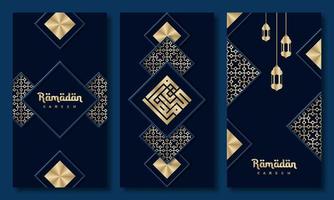 ramadan kareem gratulationskort set. ramadan semester inbjudningar mallar samling med guld bokstäver och arabiska mönster. vektor illustration