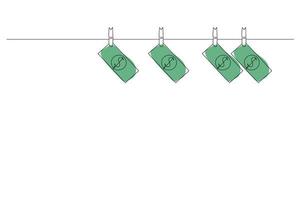 kontinuerlig linjeteckning, dollarsedel hängande på rep fäst med klädnålar. penningtvätt koncept illustration av finans och företag. vektor illustration.
