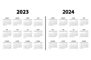 kalender engelska 2023 och 2024 år. veckan börjar på söndag. mall för årskalender 2023, 2024. årsarrangör i minimal design. stående format vektor