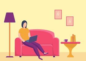 bleib zu hause oder arbeite von zu hause aus mit frau weibliches sitzen arbeitet vom couchsofa im haus mit modernem flachem stil vektor
