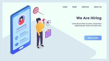 anställa människor på mobil enhet koncept för webbplats mall landning hemsida med modern isometrisk lägenhet vektor
