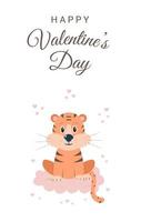 glückliche valentinstaggrußkarte mit süßem tiger, wolke, herzen und text. Vektorkartonillustration im flachen Stil. vektor