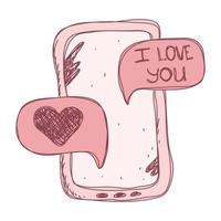 Farbtelefon mit Liebesbotschaft. Doodle-Smartphone mit SMS für den Valentinstag, Nachricht mit Liebesvektorillustration vektor