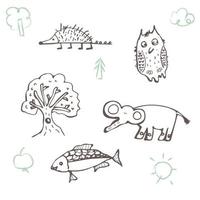 Kinderzeichnung Tier, Baum, Fisch, Elefant, Eule, Igel. kreative kindliche textur im handgemachten stil. vektor