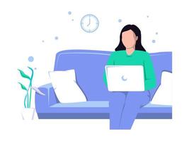 Frau sitzt zu Hause mit Laptop auf dem Sofa. an einem Computer arbeiten. Freiberufler, Online-Bildung oder Social-Media-Konzept. Vektor-Illustration isoliert auf weiss. vektor