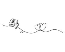 eine durchgehende einzelne Linie aus Rosenblüten und zwei Herzen in Liebesform vektor