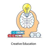 kreativ utbildning ikon, glödlampa inuti sinnet med böcker i platt kontur design vektor