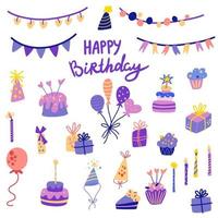 Geburtstagsartikel. süße Feier-Cupcakes, Bänder, bunte Luftballons und Geburtstagsgeschenke. karikaturkarnevalselemente. alles für einen Urlaub, eine Party und einen Geburtstag. Vektor-Illustration. vektor
