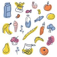 Lebensmittelsymbole. Gemüse, Obst, Fisch, Getränke, Süßigkeiten. Konturzeichnung mit farbigen Flecken. für Speisekarten von Restaurants, Geschäften und Druckereien. Vektor-Cartoon-Illustration