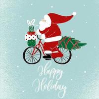 lustiger weihnachtsmann auf einem fahrrad mit geschenkboxen und weihnachtsbaum. Vektor-Cartoon-Illustration. Happy Holiday Schriftzug. vektor