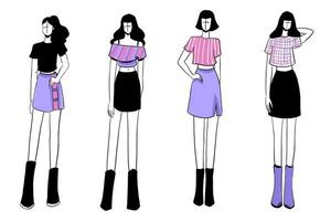 Skizzen von schönen und vielfältigen weiblichen Mode-Outfits. vektor