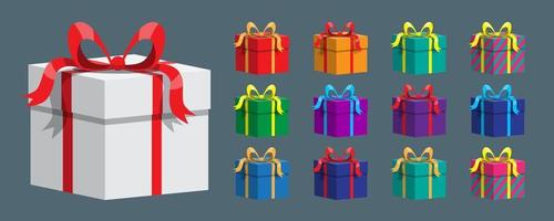 Geschenkboxen in verschiedenen Farben und Designs für verschiedene Festivals oder zusammengestellt im Design, Werbeschilder, Flyer, Banner, Website und Einladungskarten vektor
