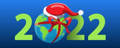 Frohes neues Jahr 2022 mit einem Weihnachtsmann präsentieren eine Geschenkbox für Menschen auf der Welt. vektor