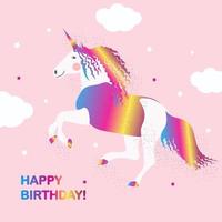 Regenbogen-Einhorn auf rosa Hintergrund mit Sternen. alles Gute zum Geburtstagskarte. vektor