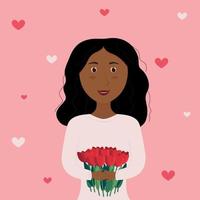 Süße Afroamerikanerin mit schwarzem Haar, die Blumen in den Händen hält. Vektor-Illustration. romantisches Mädchen in Weiß auf rosa Hintergrund. internationaler frauentag, muttertag, valentinstag, 8. märz vektor