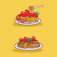 illustration av spagetti och köttbullar med tomatsås och gaffel vektor