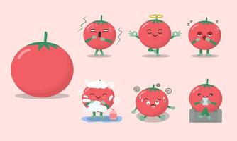 söta och roliga tomatkaraktärer i olika poserande och känslomässiga som rädd, yoga, sömnig, bad, förvirrad, bekväm. vektor