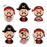 menschliche Piratenzeichentrickfiguren in verschiedenen Posen und Emotionen wie Seemann, Häuptling, froh, krank, selbstbewusst, Haken, Schwert. vektor