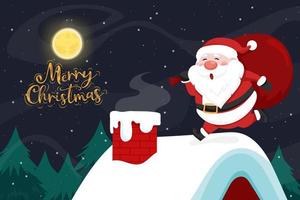 Weihnachtsmann auf dem Dach und Schornstein in der Weihnachtsnacht mit Vollmond und Schneefall. vektor