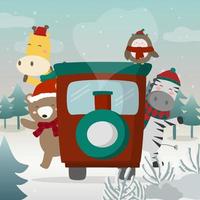 Weihnachtsthemenlandschaft im Schnee. Tiere reisen mit dem Zug, um Weihnachten zu feiern.