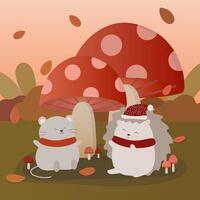 Ratte und Igel sitzen unter großem Pilz vektor
