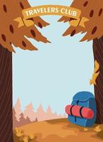 Zwei Orangenbäume mit Zapfen umrahmen die Illustration, ein Eichhörnchen kam herunter, um einen blauen Wanderrucksack mit Schlafsack zu betrachten.