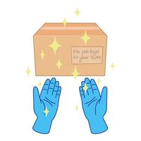 kontaktlös leverans i gummihandskar koncept. händerna passerar lådan i steriliserade blå handskar utan att röra den. allt lyser av renhet. vektor