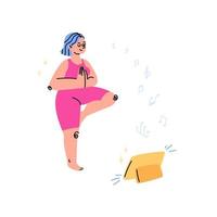 en söt tecknad tjej i rosa sportkläder står i en yogaställning framför en surfplatta. en kvinna med blått hår slog ihop sina händer i en pose och njuter av trevlig musik. online yoga, meditationskoncept. vektor
