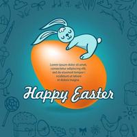 Osterei mit einem Kaninchen. Frohe Ostern süße Hintergrundvorlage mit orangefarbenem realistischem Ei und Cartoon-Kaninchen. vektor