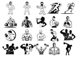 fysisk kondition, sport gym logotyp, kroppsbyggare med stora muskler poserar, isolerad vektor siluett, framifrån