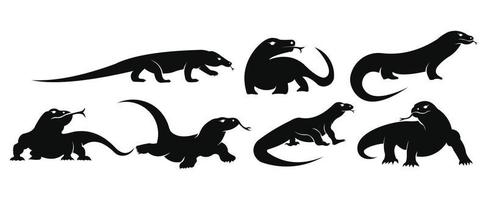 Vektor-Illustration von Eidechsenporträt, Silhouette Komodowaran Set weißen Hintergrund vektor