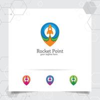 Raketenlogo-Design mit Pin-Map-Konzept und Raketensymbol. Punktraketenvektor für App, Technologie und Software. vektor