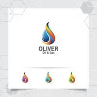 Ölgas-Logo-Design-Vektor mit Konzept von Feuer lodern und Öltröpfchen-Symbol für die Bergbauindustrie und die Kraftstoffverarbeitung. vektor