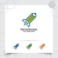 raket logotyp design med penna koncept och raket ikon. penna raket vektor som används för grafisk studio, författare och professionell.