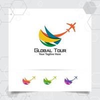 resor logotyp designkoncept av flygplan ikon med glob symbol. resande logotyp vektor för världsturné, äventyr och semester.