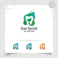 Dental Logo Zahnarzt Vektordesign mit Konzept von grünen Blättern und Zahnsymbol. Zahnpflege für Krankenhaus, Arzt, Klinik und Gesundheit. vektor