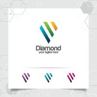 diamant smycken logotyp design vektor med begreppet digital pixel färg. abstrakt kristall pärla vektorillustration.