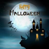 Halloween-Hintergrund mit Wolf und gruseligem Zuhause auf einem beängstigenden Hügel vektor